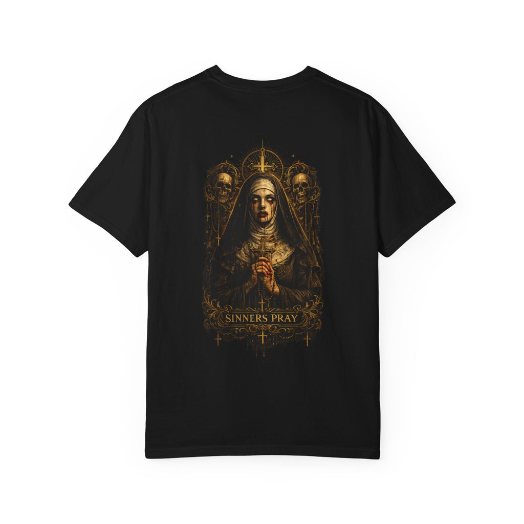 Sinner's Prayer religious nun artwork T-shirt | gothic devotional back print