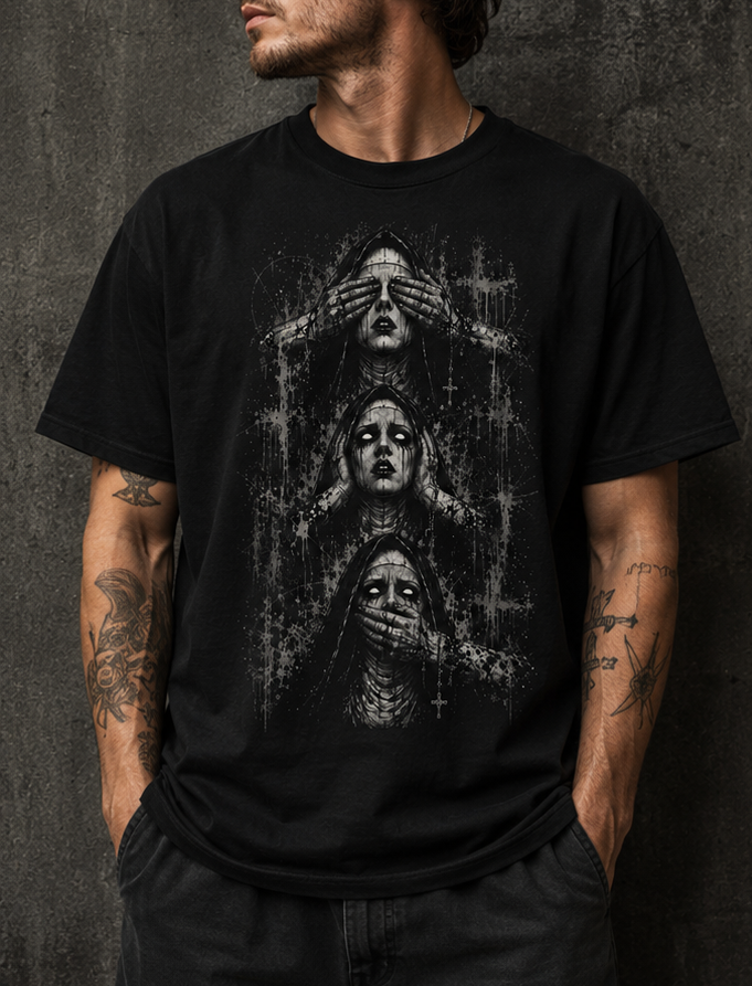 Gothic Nuns Portrait T-shirt | Three Faces Skull Crosses
