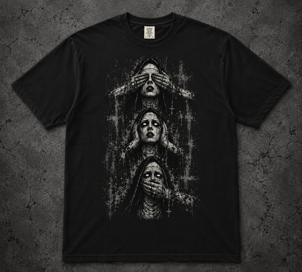 Gothic Nuns Portrait T-shirt | Three Faces Skull Crosses