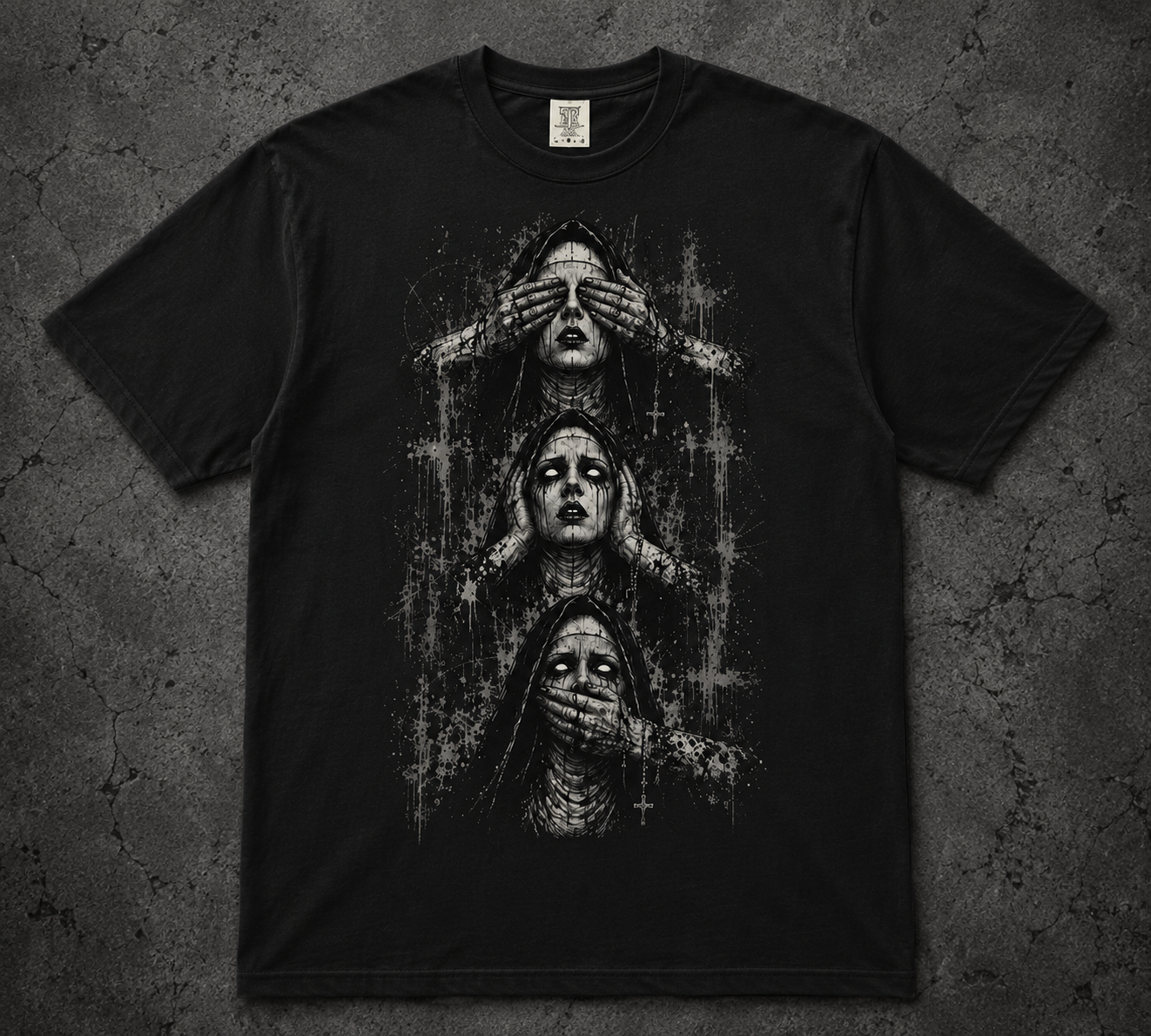 Gothic Nuns Portrait T-shirt | Three Faces Skull Crosses