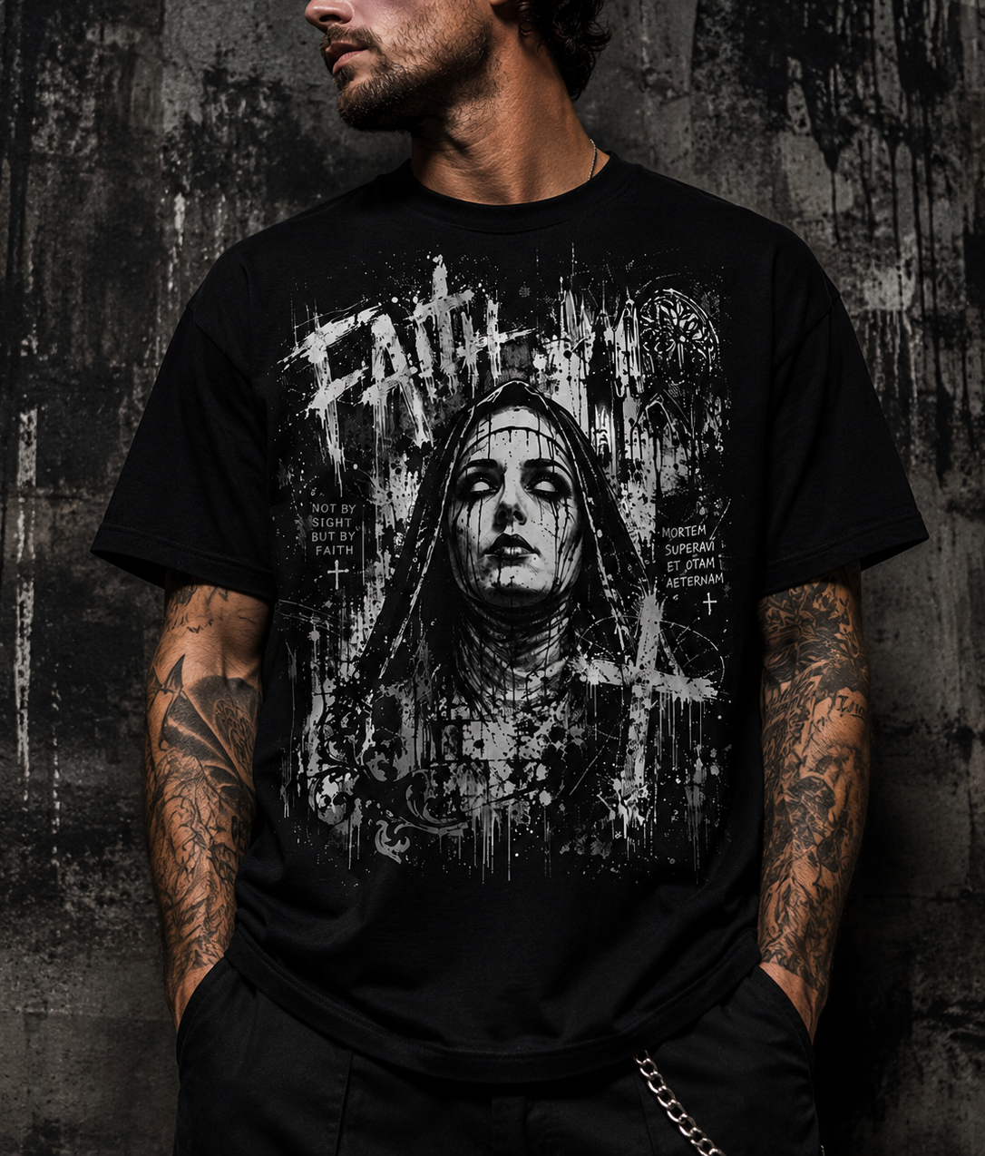 Grunge Gothic Nun Portrait T-shirt