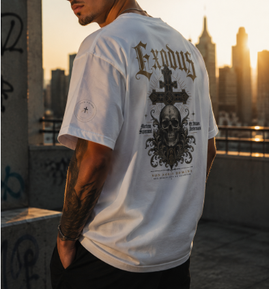 White Exodus Tee Gothic Cross Skull