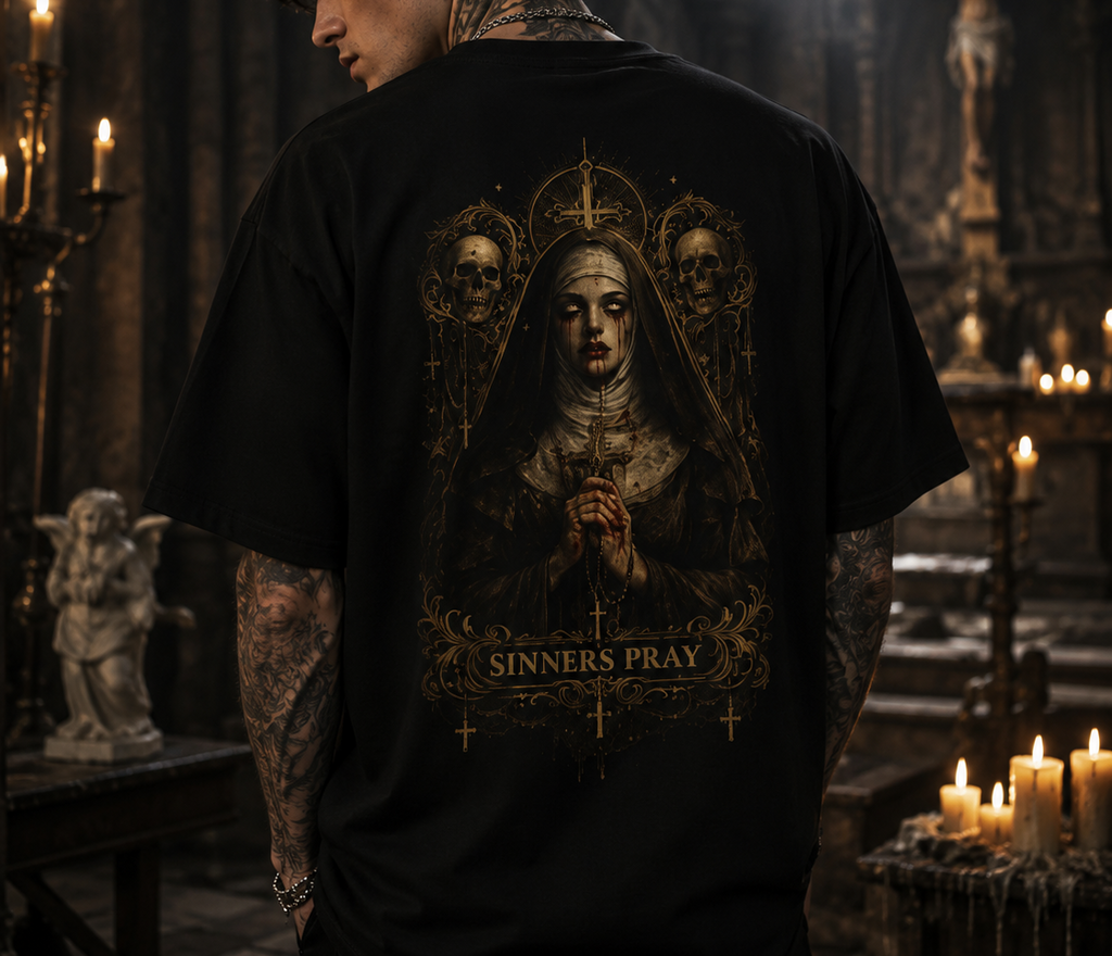 Sinner's Prayer religious nun artwork T-shirt | gothic devotional back print
