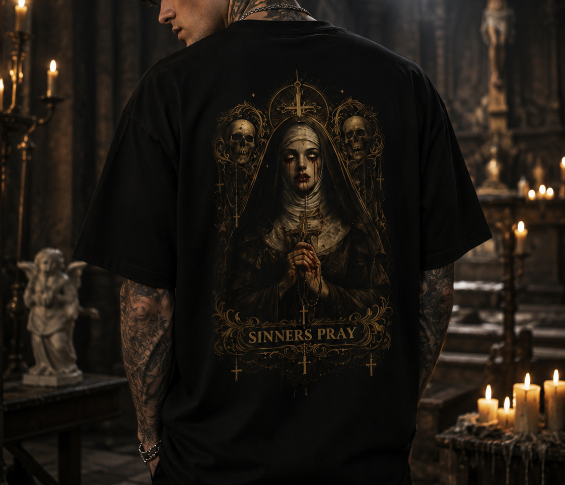 Sinner's Prayer religious nun artwork T-shirt | gothic devotional back print